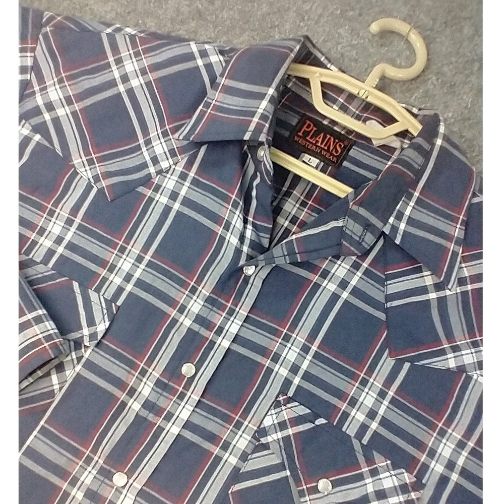 Plains Western Wear Shirt Mens Large Blue Plaid Pearl Snap Long Sleeve Cowboy